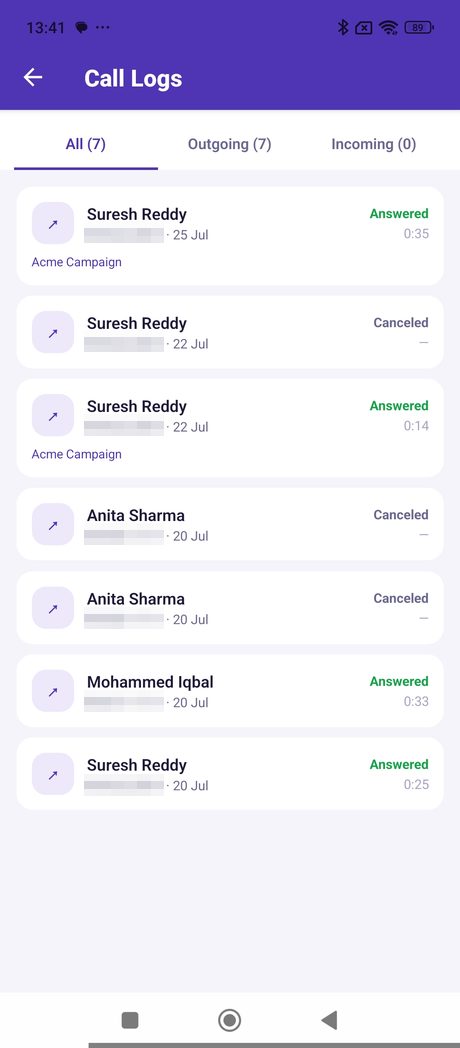 mindForce call logs screen